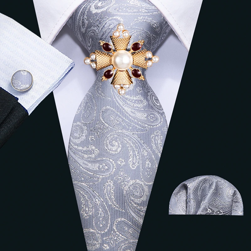 

Новый 8,5 см Серебряный серый Шелковый Галстук Пейсли для мужчин Свадебный подарок жениха Барри. Ван Галстуки платок запонки брошь набор N-5059