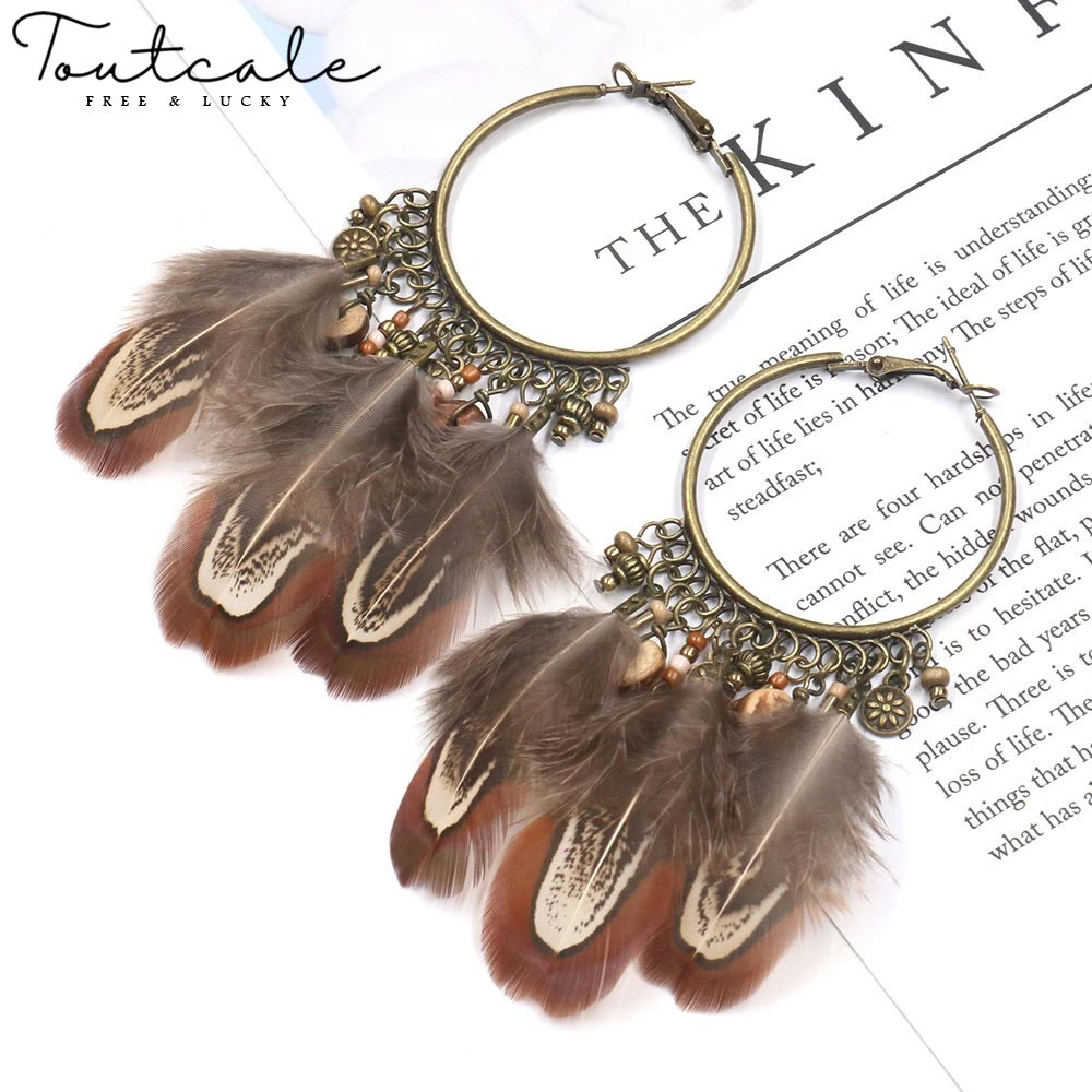 

TOUTCALE 2020 Vintage Boho Round Feather Earrings For Women Ethnic Female Fashion Long Earrings Brinco Jewelry Accessories