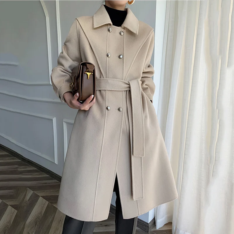 Женское двубортное кашемировое пальто осенне-зимнее шерстяное модная Свободная