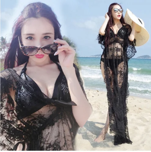 

Solid Fashion Wome'ns Summer Beach Wear Bikini Cover Up Kaftan Ladies Boho Lace Maxi Long Sun Cover-Ups