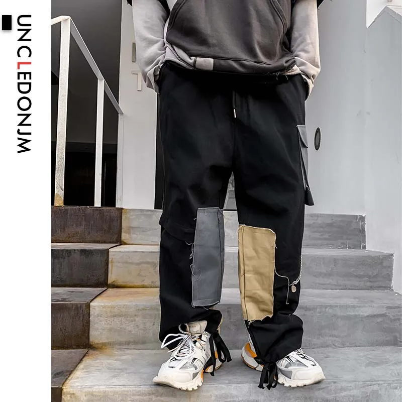 UNCLEDONJM Цвет блок брюки-карго для мужчин Уличная одежда в стиле хип-хоп с свободной