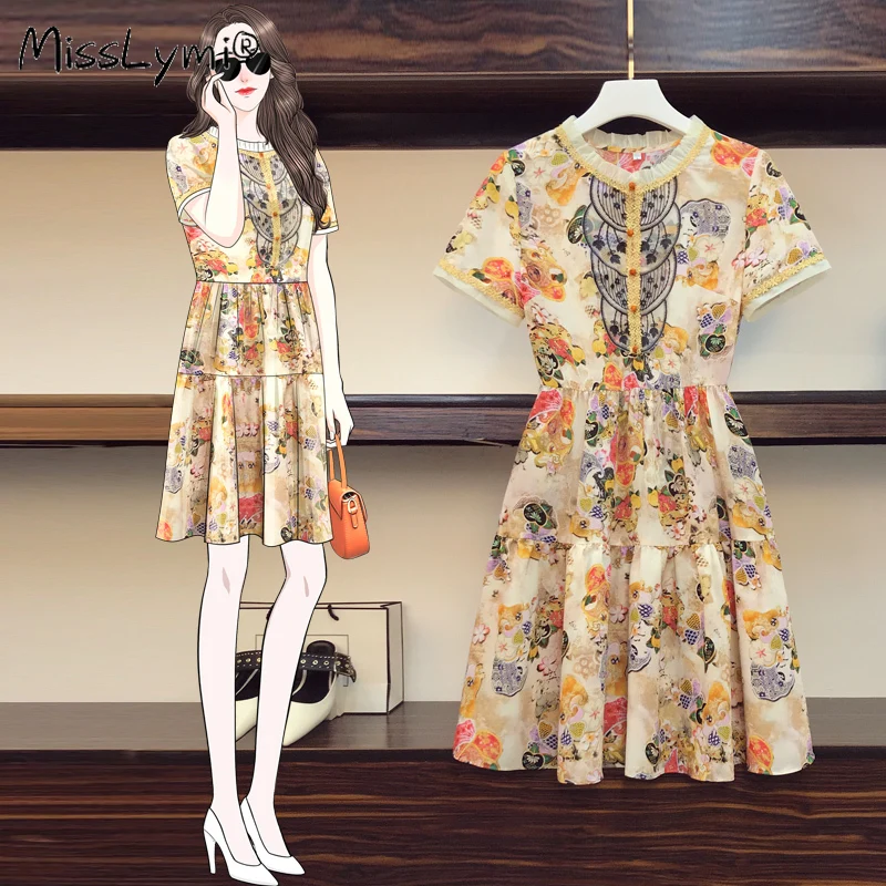 

4XL Plus Size Women Vintage Chiffon Floral Dress Summer 2021 Embroidery Lace Patchwork Short Sleeve High Waist Ruffle Dresses