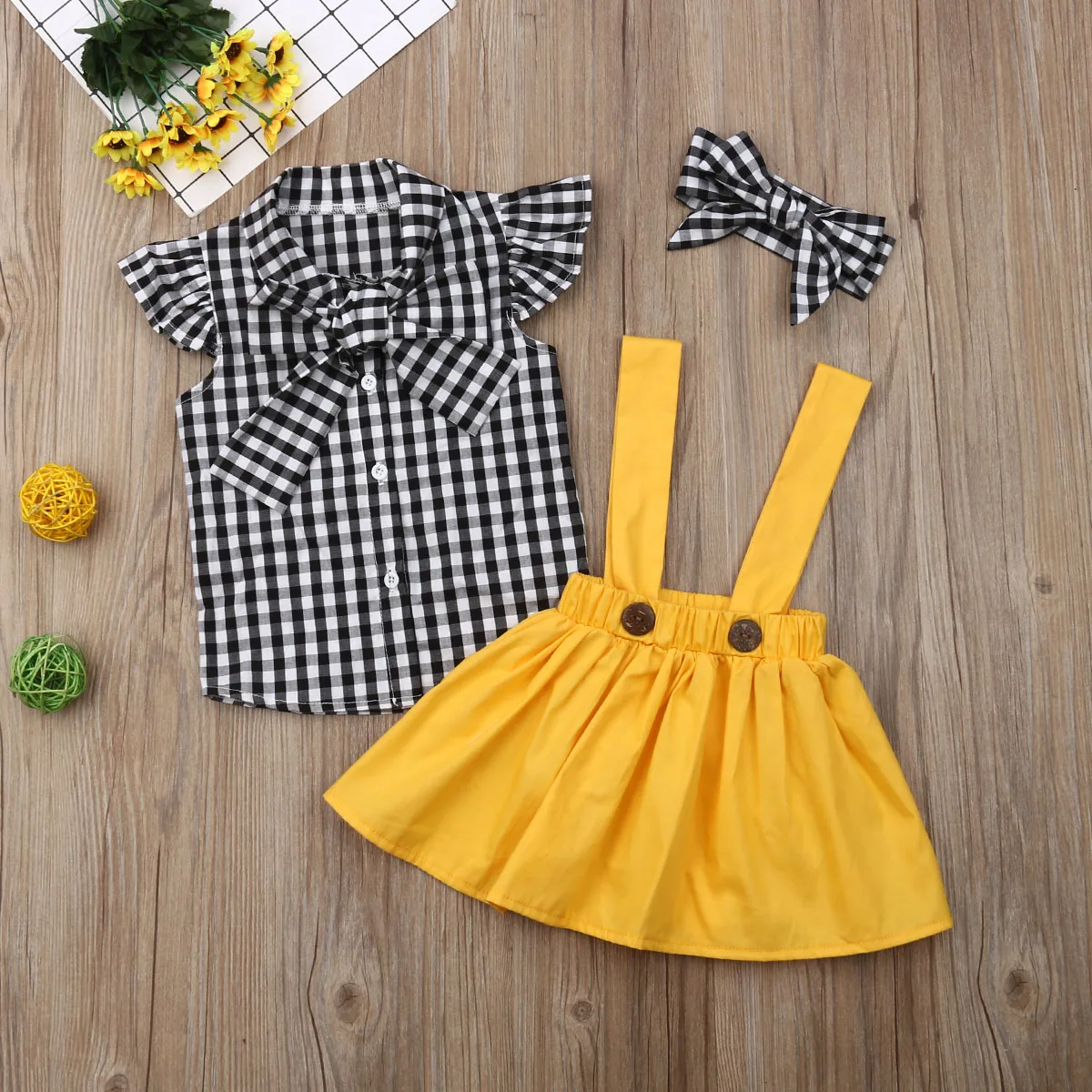 3Pcs Toddler Baby Girl Clothing Set Checks T-shirt Top Skirt Dress Headband Plaid Baby Outfit Casual Kids Clothes Girls Clothing