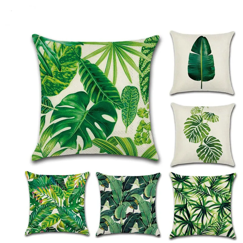 Funda de almohada de tela de lino con diseÃ±o de plantas tropicales, funda de almohada decorativa de hoja verde, Cojines Decorativos Para sofÃ¡