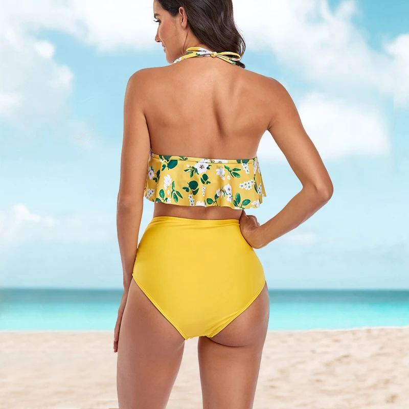 

2021 Bandage Swimsuit Bikini Ruffle Halter Backless Swimwear High Waisted Bikini Print Women Summer Suits Push Up Swim Sexy