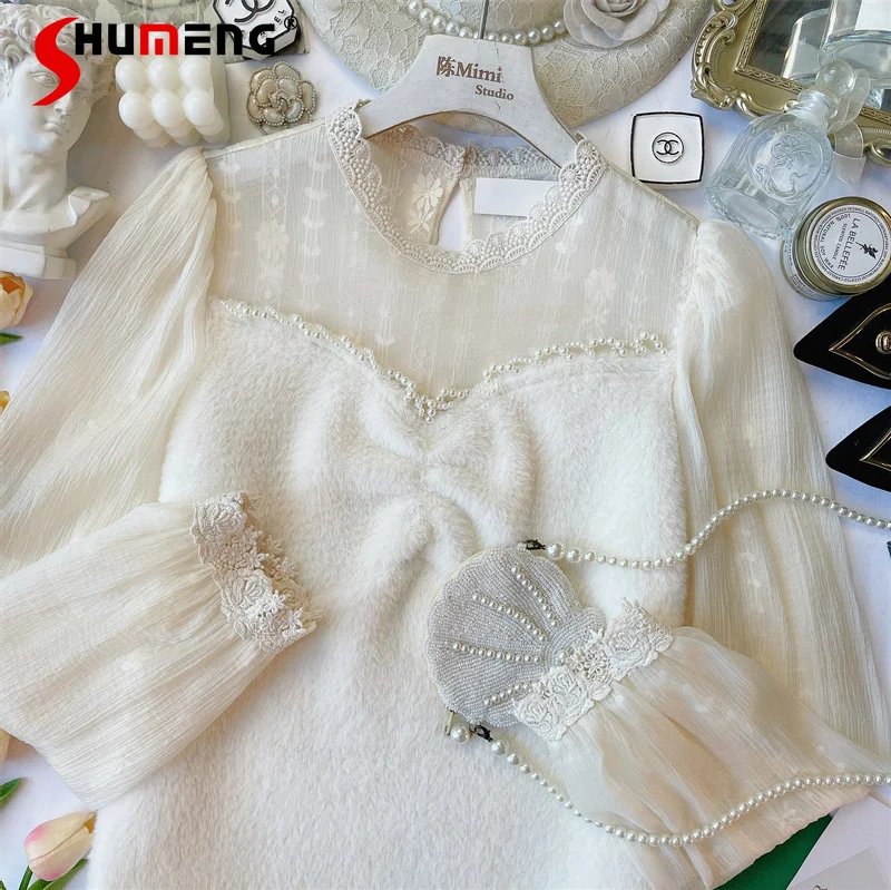 

French Retro Beaded Lace Mesh Patchwork Round Neck Knitted Top 2021 Winter Women's Western Fashion Pullover Mink Hair Sweater