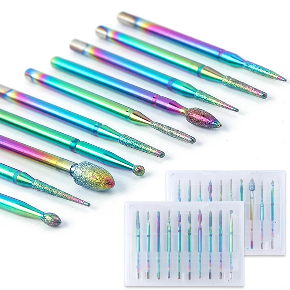 10 шт. радужные алмазные сверла для ногтей карбидные фрезы маникюра удаление гель