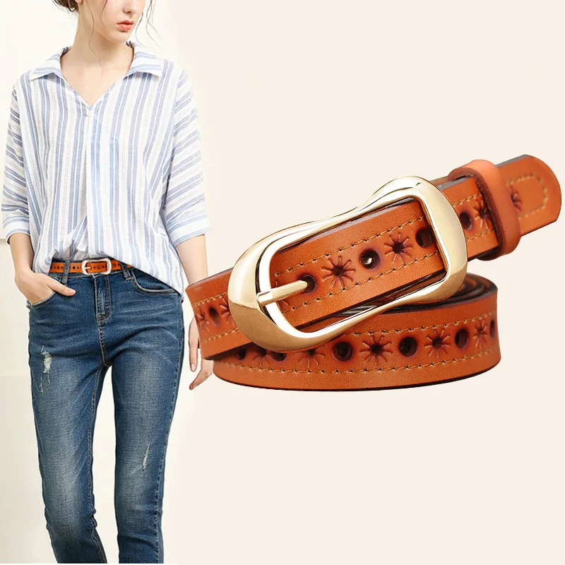 

Korean version of hollow simple cowhide belts women fashion leather belts women Joker decorative denim leather belts women's
