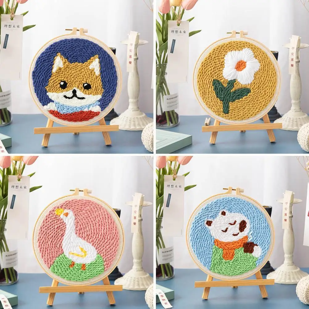 

Animal Series Embroidery Kit Poke Embroidery Material Patterns Punch Needle Supplies Kit Cute Package DIY Poked Embroidered H2I1