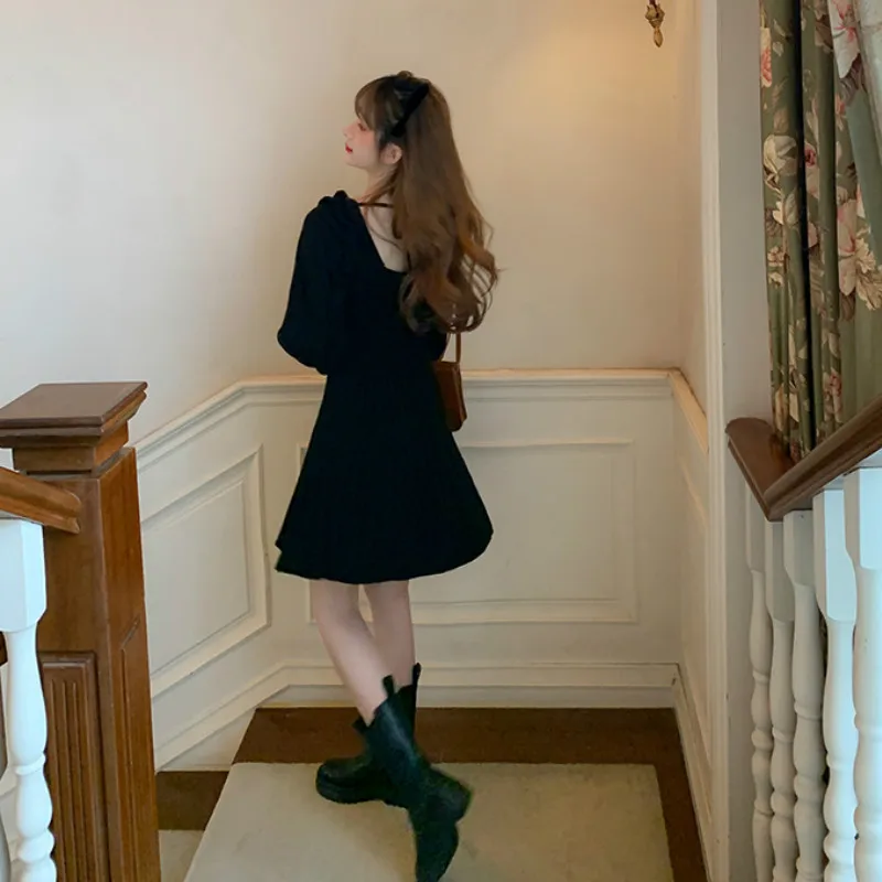 

Winter Knitted Women Dress Sweater Mini Dress Autumn Fashion Vintage O-Neck One-Piece Dress Sweet Long Sleeve Ruffles Elegant