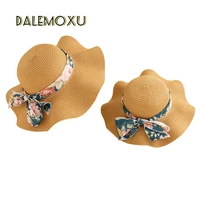 parent child sun hat breathable childrens straw hat bowknot flowers ribbon for girls and women outdoor beach sunscreen caps