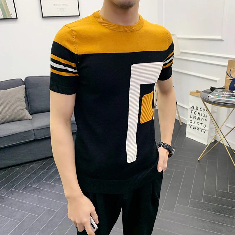 Футболка мужская с круглым рукавом трикотажная рубашка жаккардовым