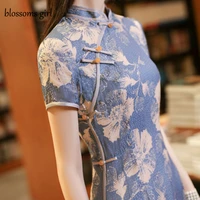 women chinese style dress cheongsam retro elegant blue qipao cheongsam plus size 3xl vestido china summer clothing qipao