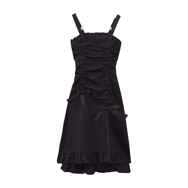 

EHQAXIN Summer Plus Size Ladies Suspender Temperament Dress Female Black And White Ruffled Bow Drawstring Sleeveless Dress L-4XL