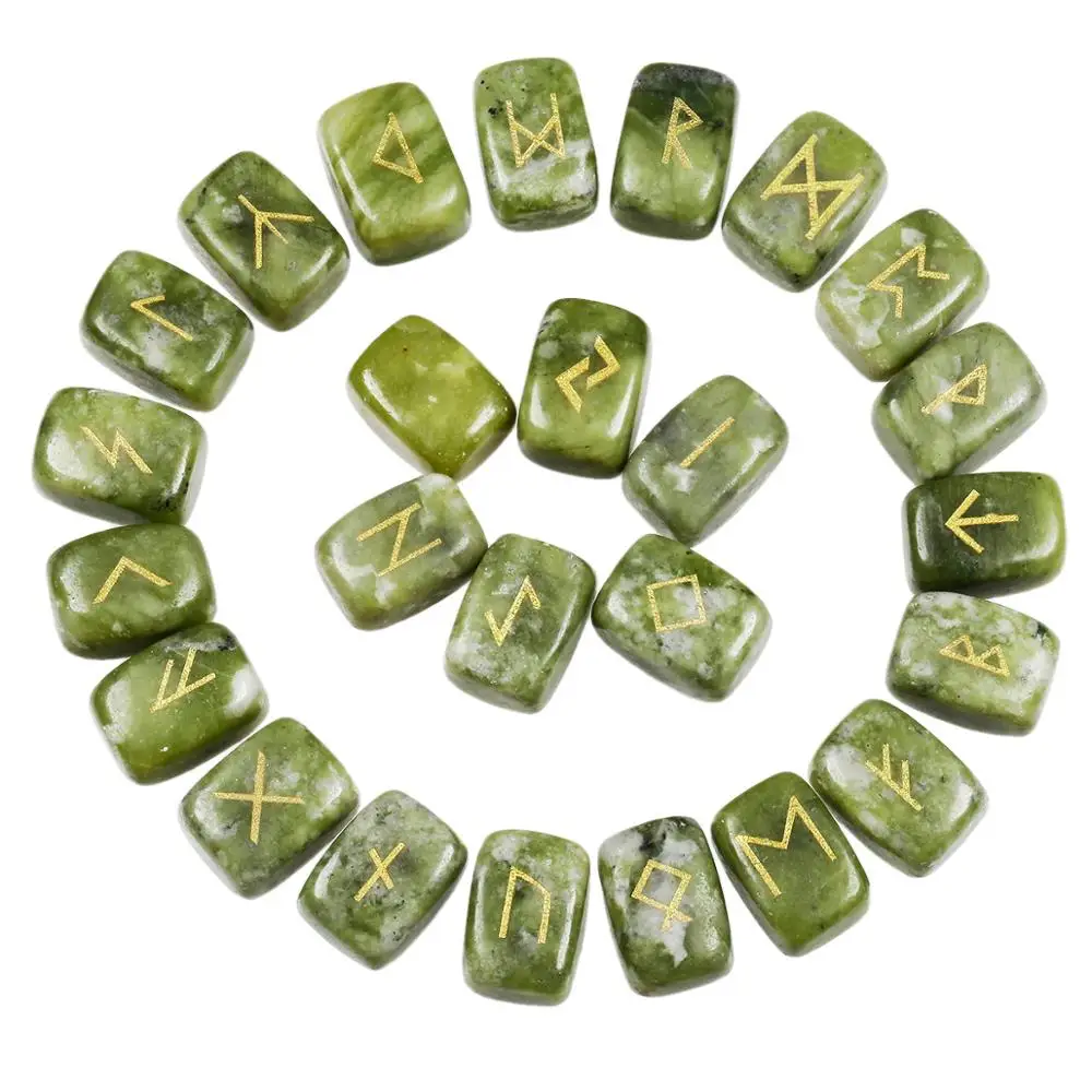 TUMBEELLUWA 1Lot (25Pc) Green Jade Engraved Rune Stones Set Healing Reiki Crystal Tumbled Stones