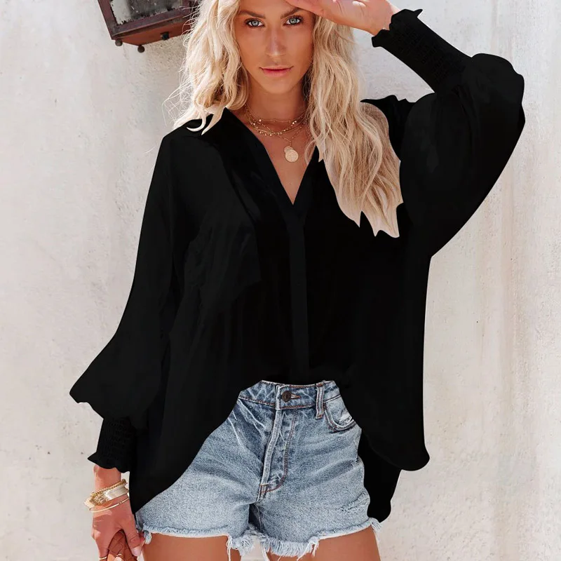 

New Elegant Letter Print Lapel Blouse Shirts Casual Ladies Fashion All-Match Long Sleeve Tops Sexy Women Beach Loose Shirt Mujer