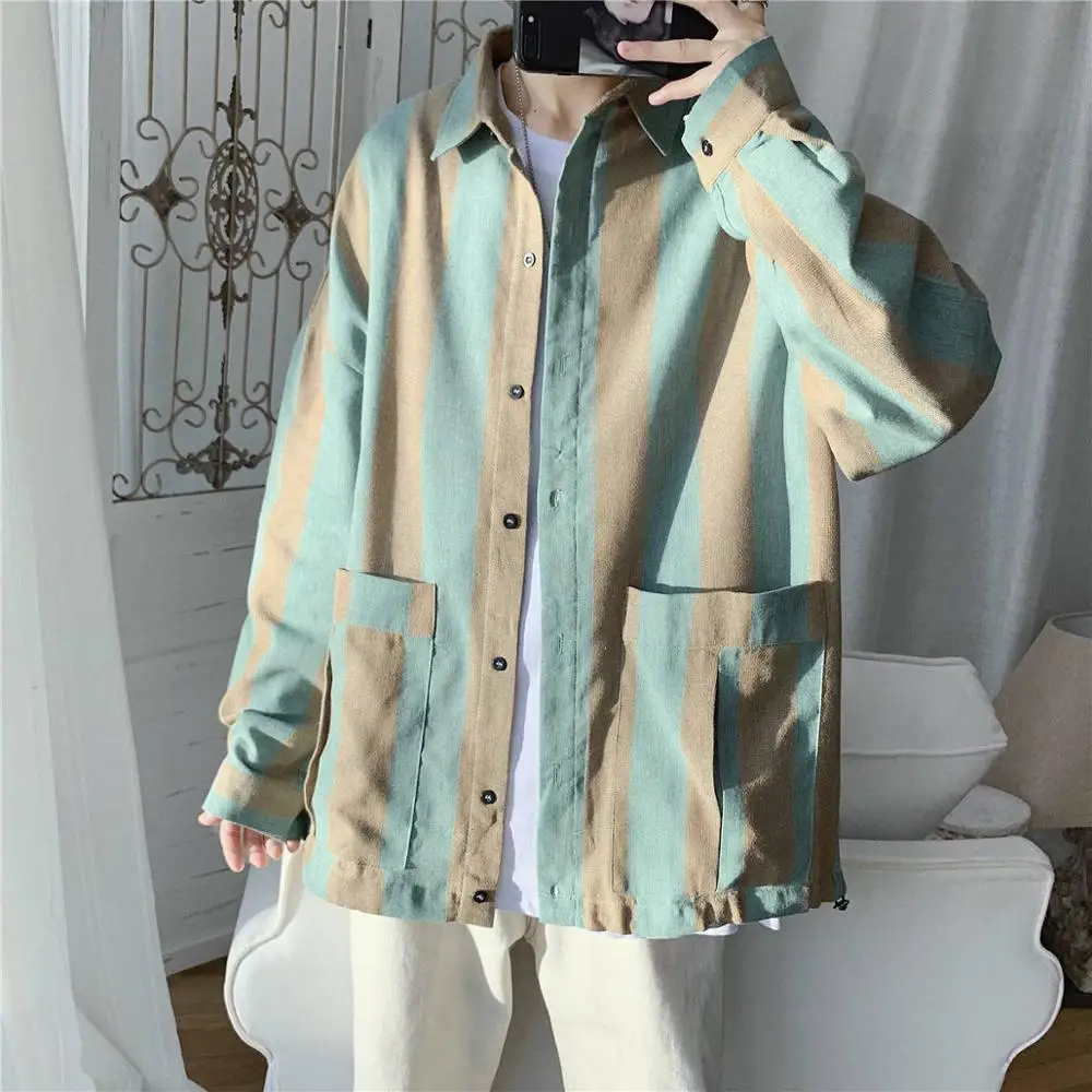 

Casual Mens Blouses Japan Harajuku Shirts New Striped Long Sleeve Shirt Japanese Print Shirt Male Aytumn Hip Hop Shirt for Boys