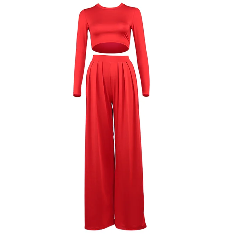 

New Fashion Spring Women's Tracksuit Solid Long Sleeve Cropped Top Two-Piece Suits High Waist Loose Wide Leg Pants Set