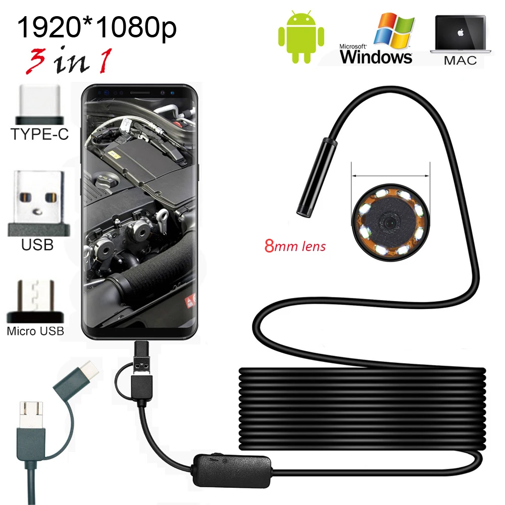 8,0 мм эндоскоп Камера 1080P HD USB эндоскоп с 8 светодиодный 1/2/5 м кабель для программирования в Водонепроницаемый инспекциионный бороскоп для Android ПК