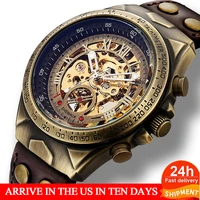 top brand automatic mechanical watch men leather strap retro skeleton steampunk wristwatch self wind reloj automatico de hombre
