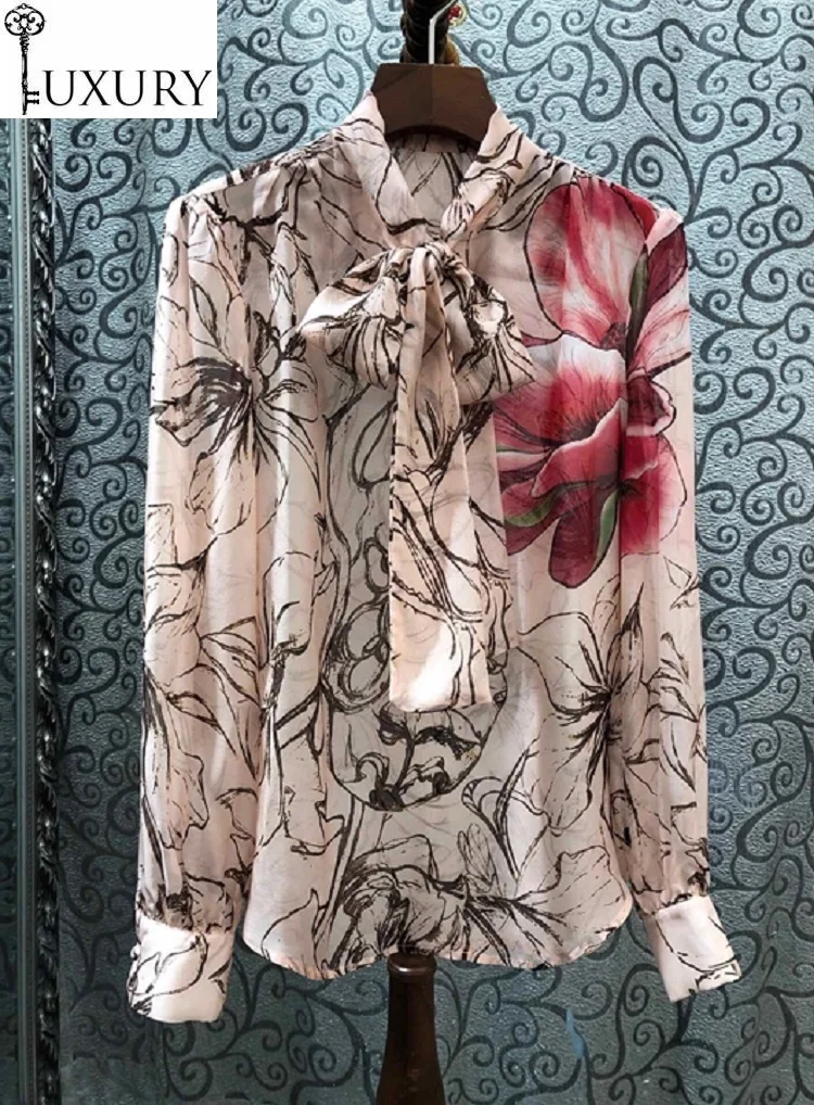 Blouses Top Quality Silk 2020 Spring Summer Women Bow Collar Runway Prints Long Sleeve Pink Tops Shirts Blusas Feminino