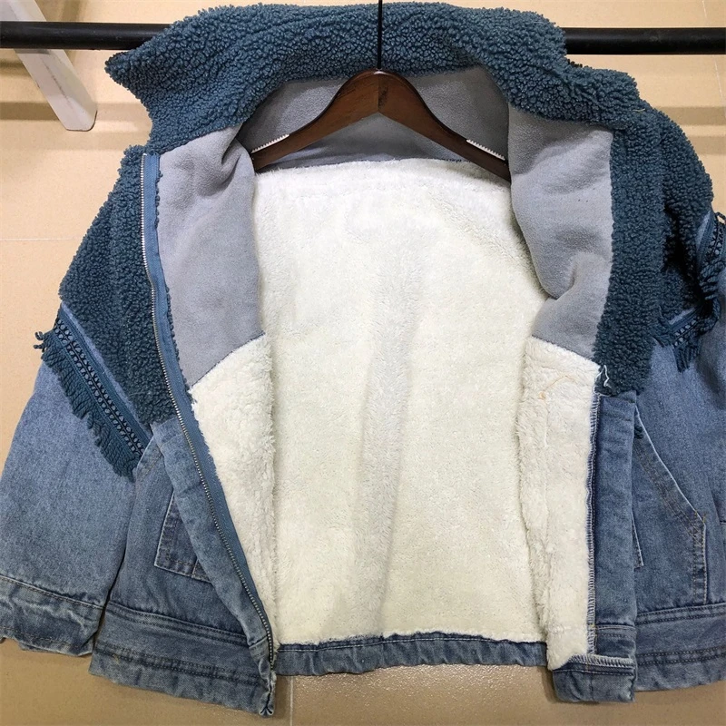Женская осенне зимняя джинсовая куртка с флисовой подкладкой Осеннее свободное