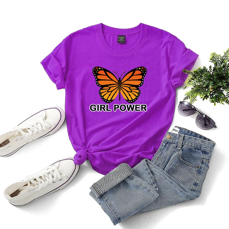 

100% Cotton Summer Women T-shirt Casual Loose Short Sleeve Fashion Butterfly Printed Female Tees W694
