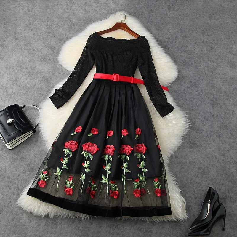 

2021 New Spring Girl Gauze Embroidered Flowers Dress Princess Casual Lace Reception Women Long Sleeve on Vacation Party Dresses