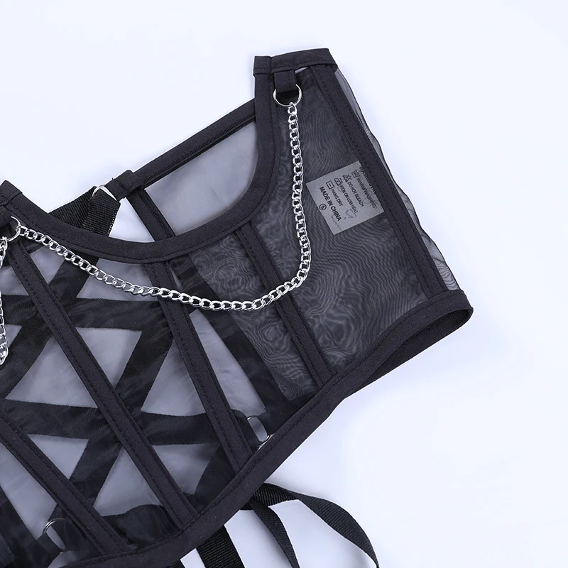 

Punk Metal Chain Black Corset Mall Goth High Waist Corsets Harajuku Vintage Mesh See Through Waist Shaper Corsets Cummerbunds