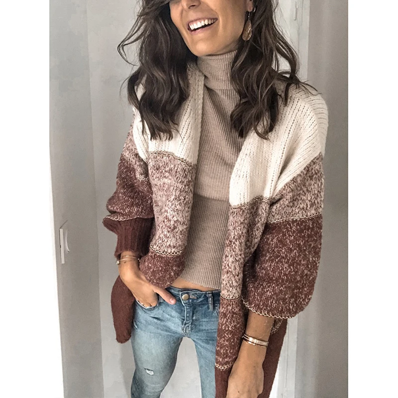 Patchwork Knitted Cardigan Loose Pocket Hollow Long Sleeve Sweater Female Cardigans Women's Coats Sweaters Outerwear |