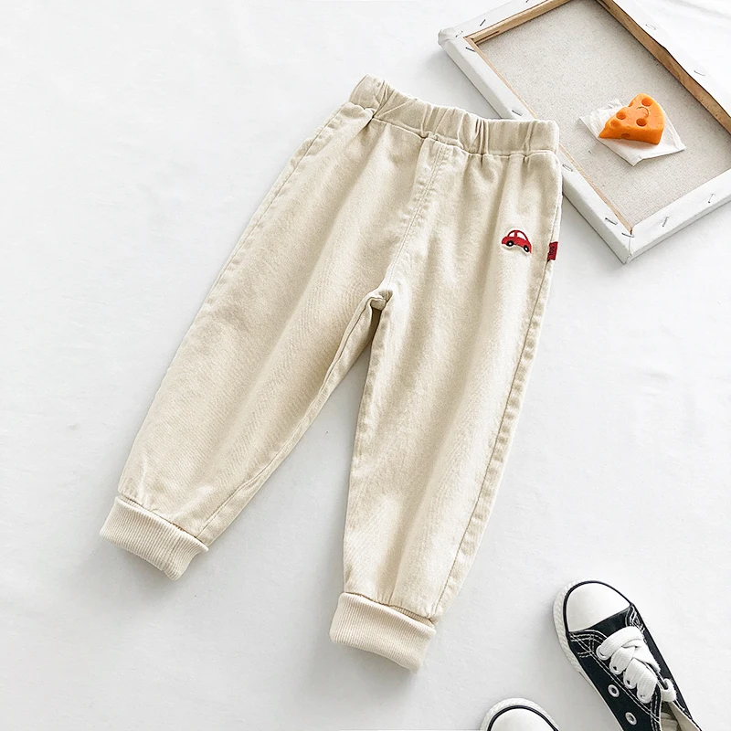 

Детские брюки с мультяшной вышивкой, одежда, облегающие брюки, повседневные брюки для мальчиков и девочек, хлопковые эластичные Детские тре...