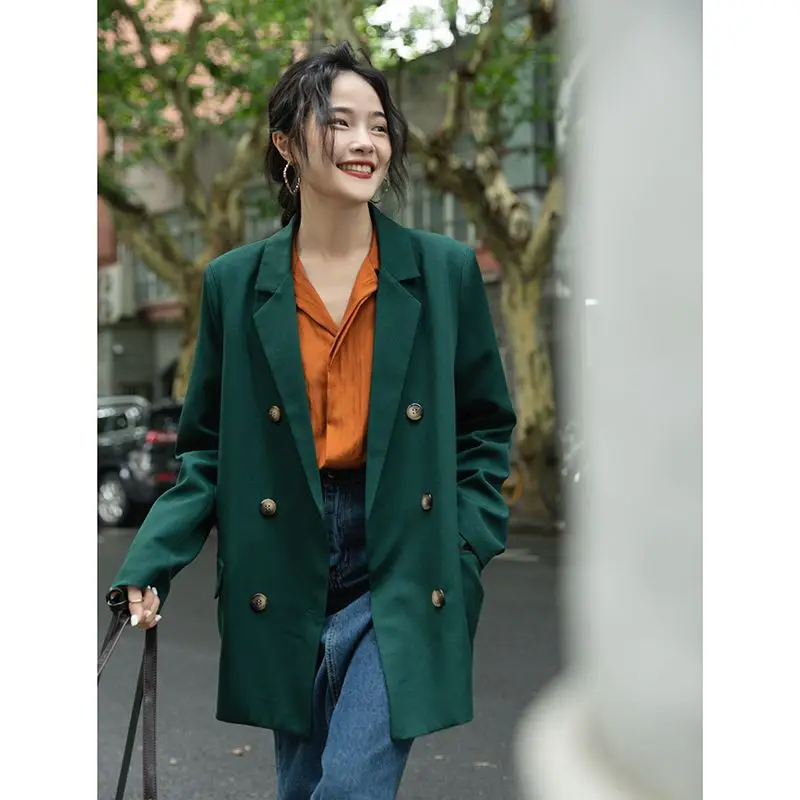 

Solid Suit Jacket Women Long Sleeve Double-breasted Jacket 2022 Spring Autumn New Aesthetic Temperament Straight Jacket Trend