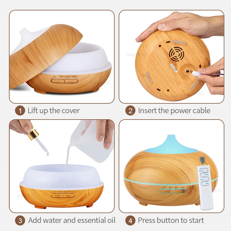 

550ml USB Wood Grain Humidifier Aroma Diffuser with Remote Control 7 Color Light Aromatherapy Mist Maker for Home Office