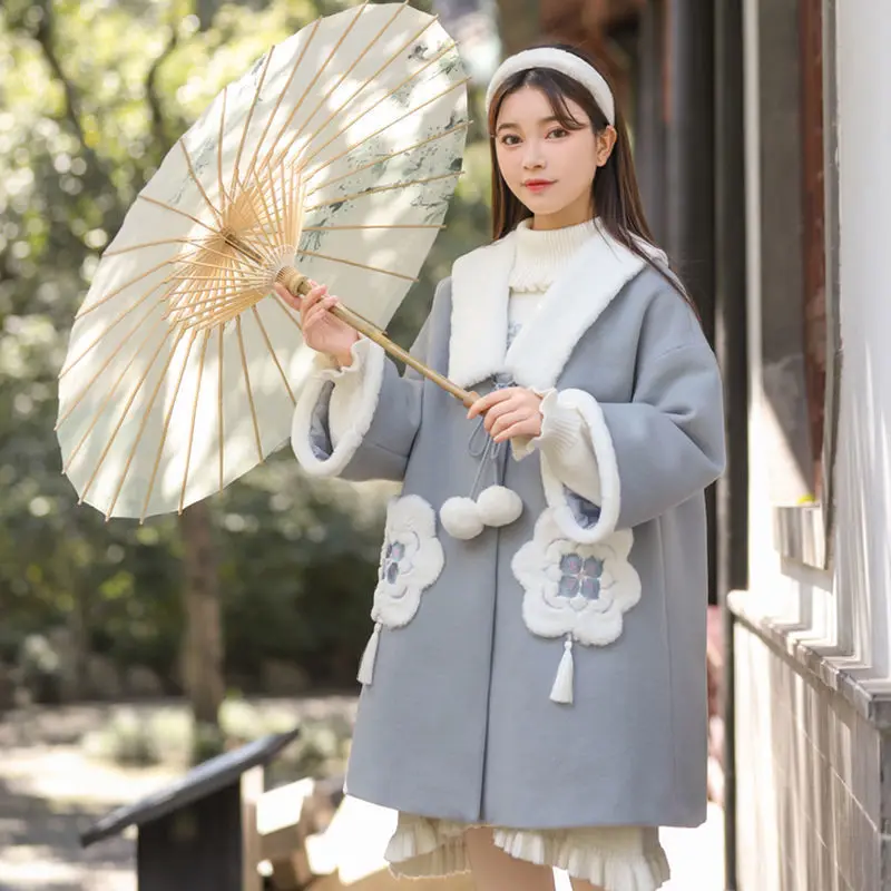 

2020 Autumn & Winter New Loose Plus Size Casual Simple Blue Lovely Medium Long Chinese Style Women Woolen Coat Free Shipping