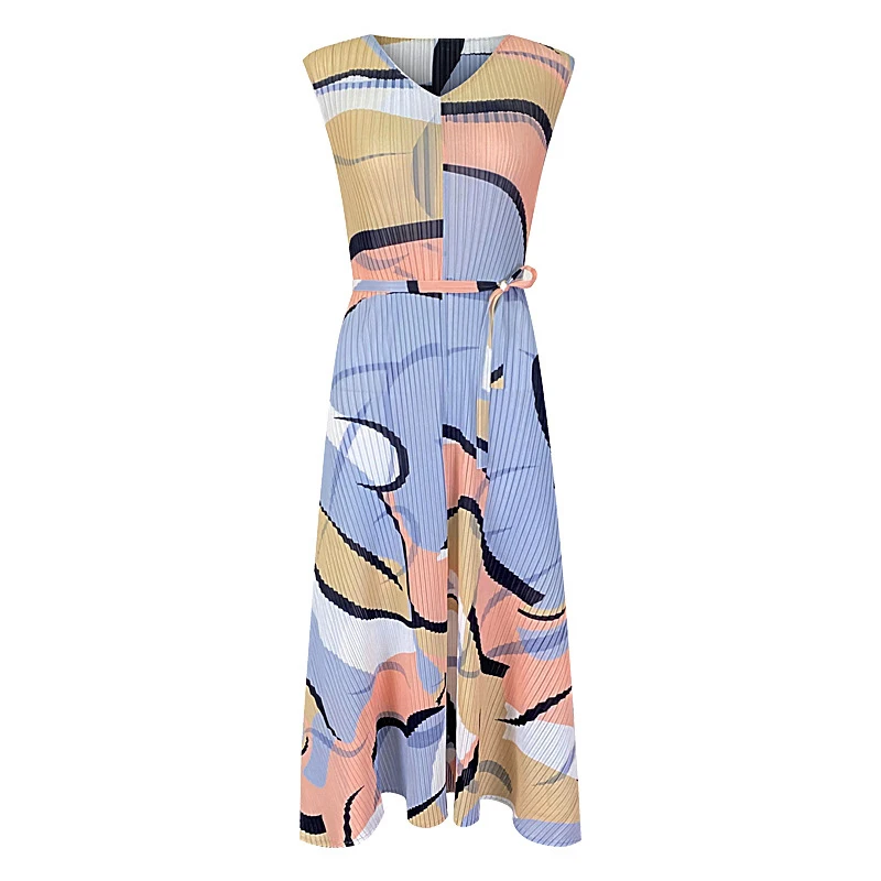 

CHICEVER Print Casual Dress For Women V Neck Sleeveless High Waist Lace Up Irregular Hem Pleated Slim Dresses Female 2021 Summer