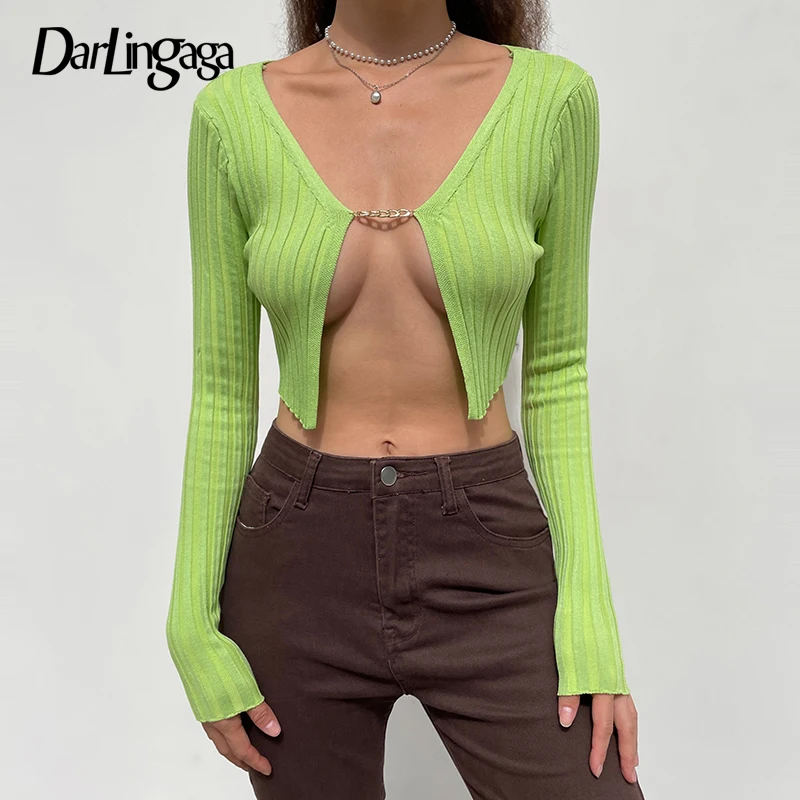 Пикантный женский кардиган Darlingaga в стиле Харадзюку с зеленой цепочкой кроп-топы