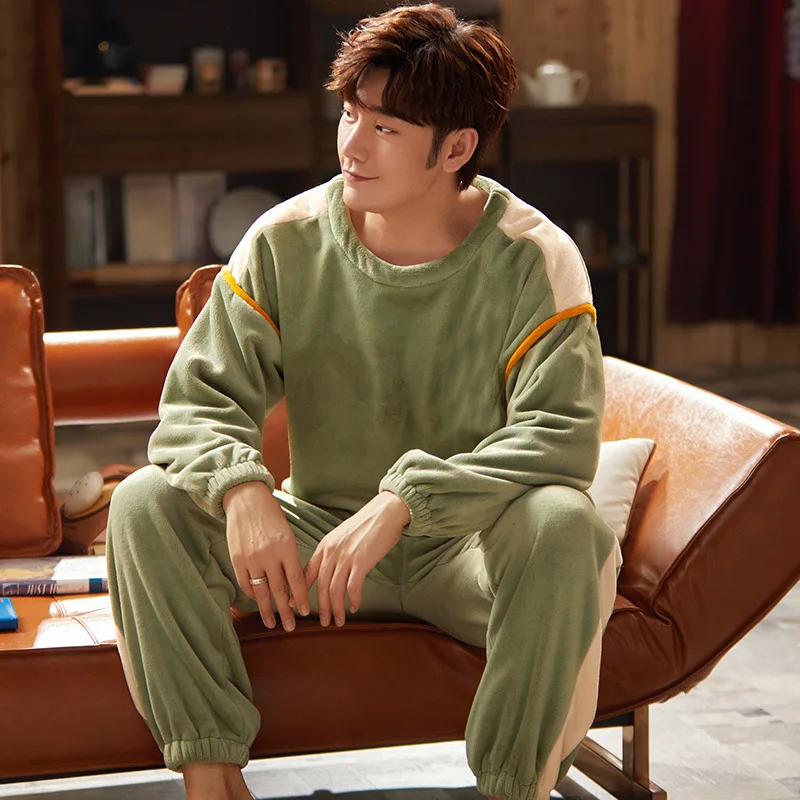 Sleepwear Men Sleeping Suit for Men Thick Long Sleeve Pajamas Set Flannel Warm Autumn Winter Home Service O-neck Letter printing