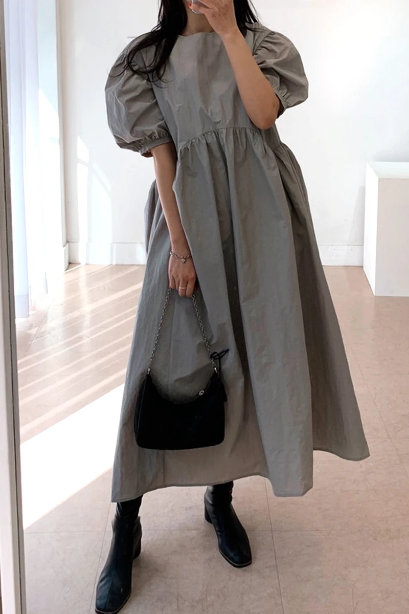 

ZCSMLL 2021 New Summer Women Vintage Loose High Waist Slim Was Thin Elegant Round Neck Pleated Design Maxi Dress J071