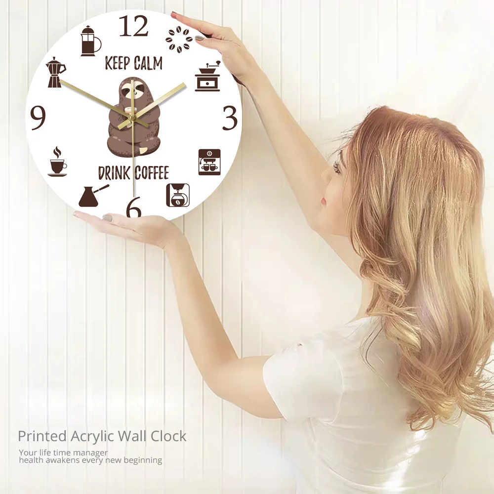 

Keep Calm Drink Coffee Cafe Shop Printed Wall Decor Clock Funny Cartoon Sloth Drinking Coffee Large Acrylic Wall Hanging Clock
