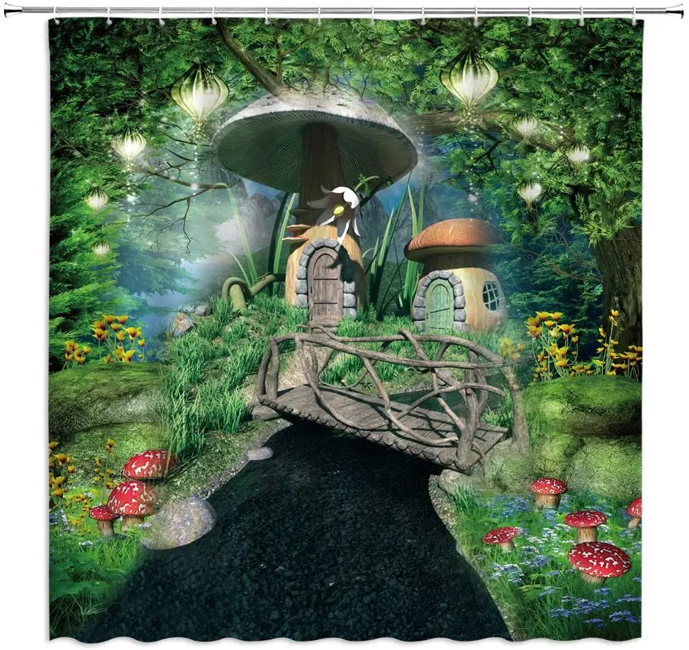 

Fantasy Scenery Shower Curtains Fairy Tale Flower Plant Mushroom House Wooden Bridge River Moon Night View Bath Cloth Curtain