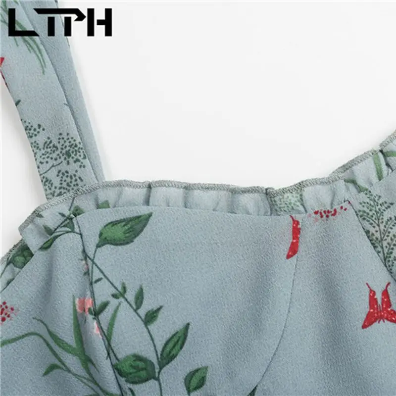 

Leosoxs French vintage bow camisole dress women mid-length chiffon print sleeveless Big Hem A-line skirt 2021 summer new