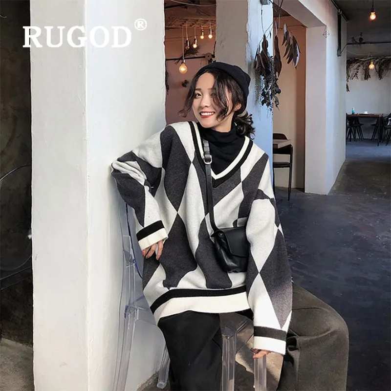 Женский винтажный свитер RUGOD Свободный пуловер с v-образным вырезом со стразами