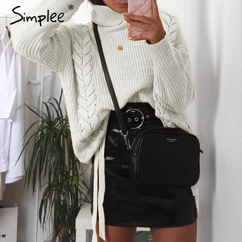 Simplee Side lace up sweaters woman winter 2018 Turtleneck batwing sleeve Loose pullover casual women jumper pull femme | Женская одежда