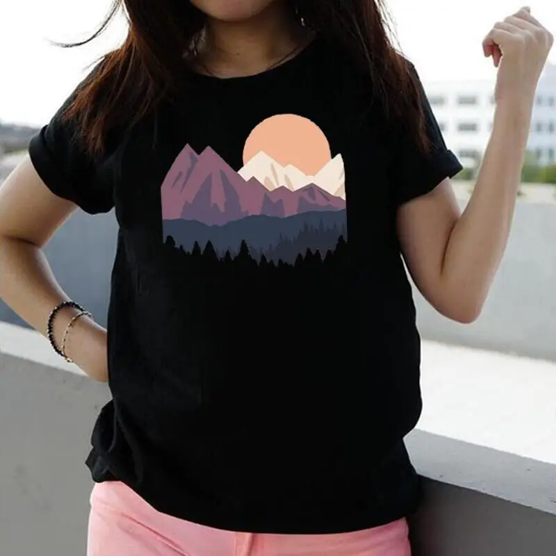 

Summer Short Sleeve Tee Shirt Femme Fashion Sunset Mountains Nature Print T Shirt Women Tops Cotton Casual Harajuku Shirt Tshirt