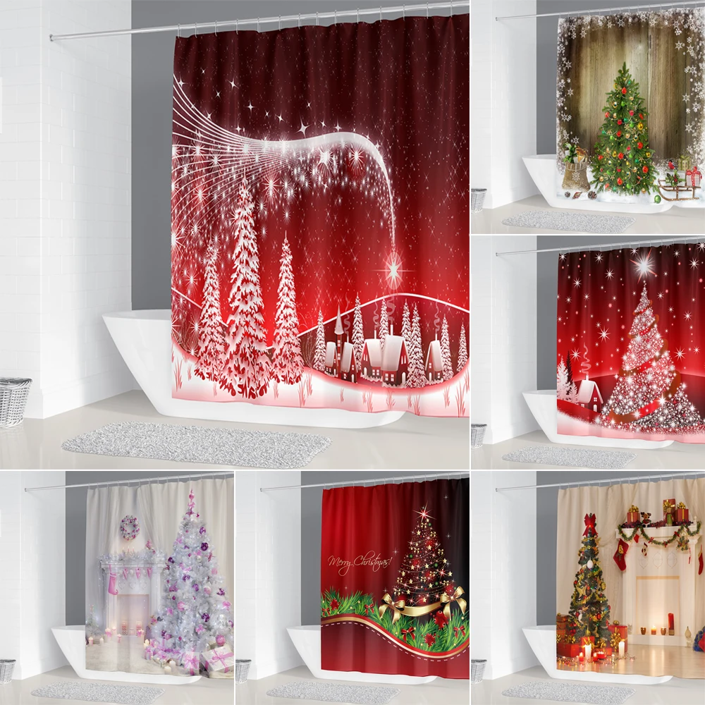 

Merry Christmas Shower Curtains Waterproof Winter Snow Forest Christmas Tree Bathtub Bathroom Accessory Bath Curtain with Hooks