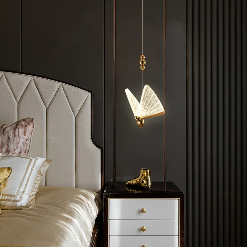 Candelabro de mariposa colorido moderno, iluminación acrílica de lujo para dormitorio, colgante de luz, mesita de noche, art Déco, lámpara de escalera