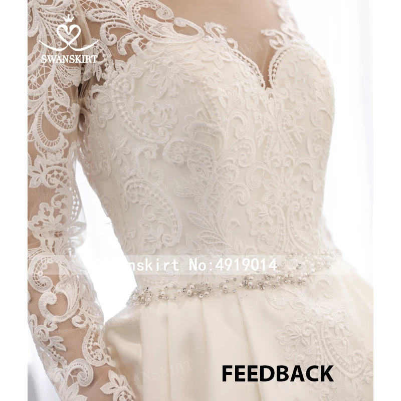 Appliques Satin Wedding Dress Swanskirt K163 Long Sleeves Crystal A-Line Vintage Beaded Bride Gown Backless Vestido de Noiva