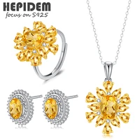 hepidem 100 citrine 925 sterling silver necklace rings earrings women big crystal stone gemstones s925 fine jewelry set 1728