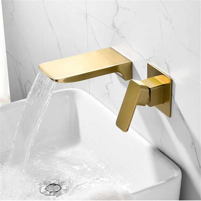

Bathroom Basin Faucets Solid Brass Brushed Gold/Chrome Sink Mixer Tap Hot & Cold Lavatory Crane Taps In-Wall Waterfall Faucets