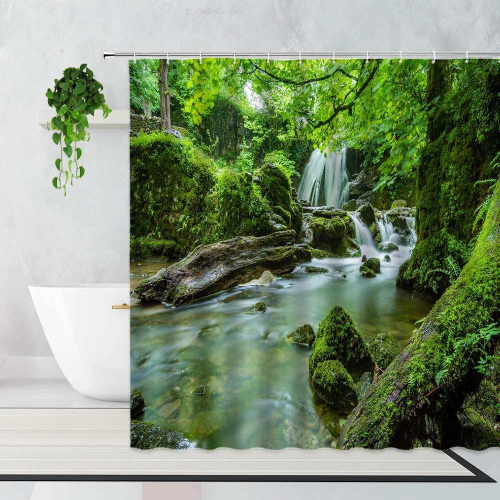 

Tropical Green Jungle Natural Scenery Shower Curtain Waterfall Moss Corridor Landscape Home Decoration Curtains Bathtub Screen